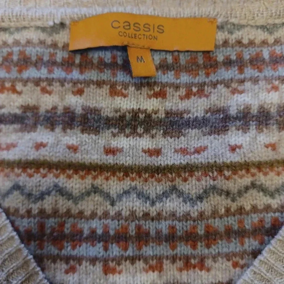 Cassis Collection LS Sweater 100% Merino Wool Tan With Blues Size  Medium - Picture 8 of 10